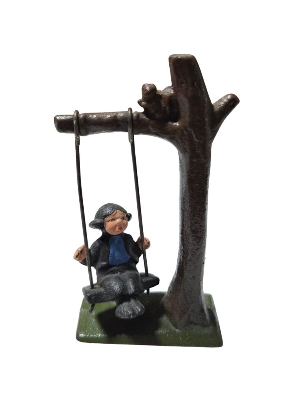 Vintage Miniature Amish Boy Tree Swing Squirrel Cast Iron Figurine Hand Painted